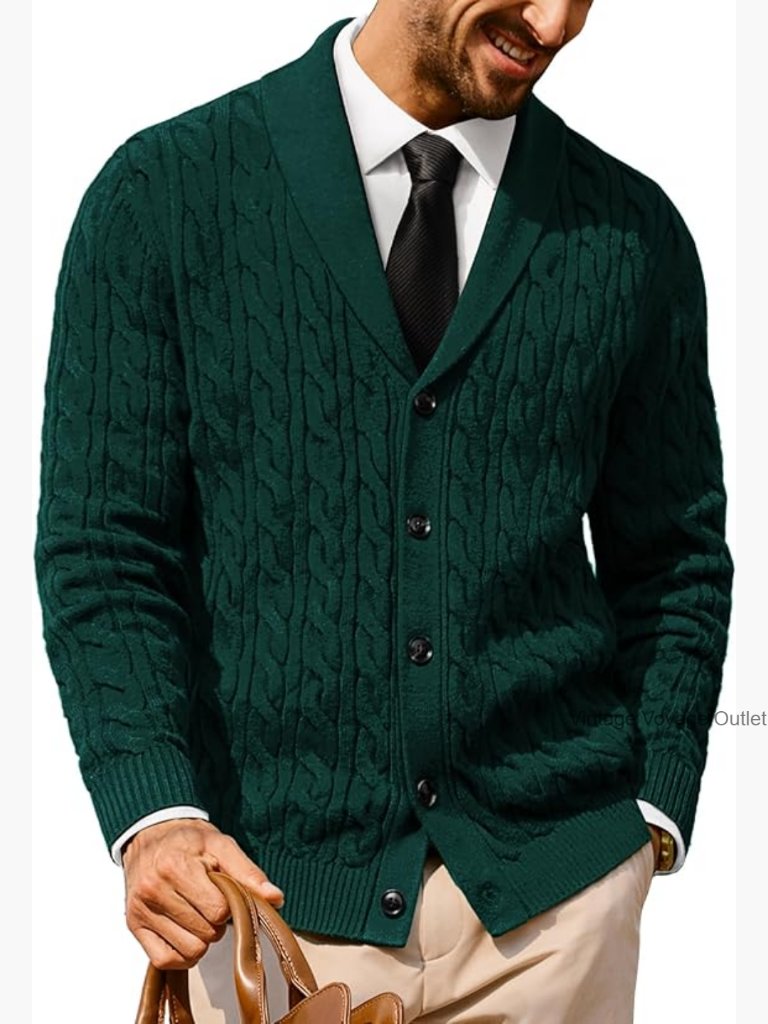 Men's Cable Knit Cardigan Sweater Shawl Collar Button Front Regular Fit